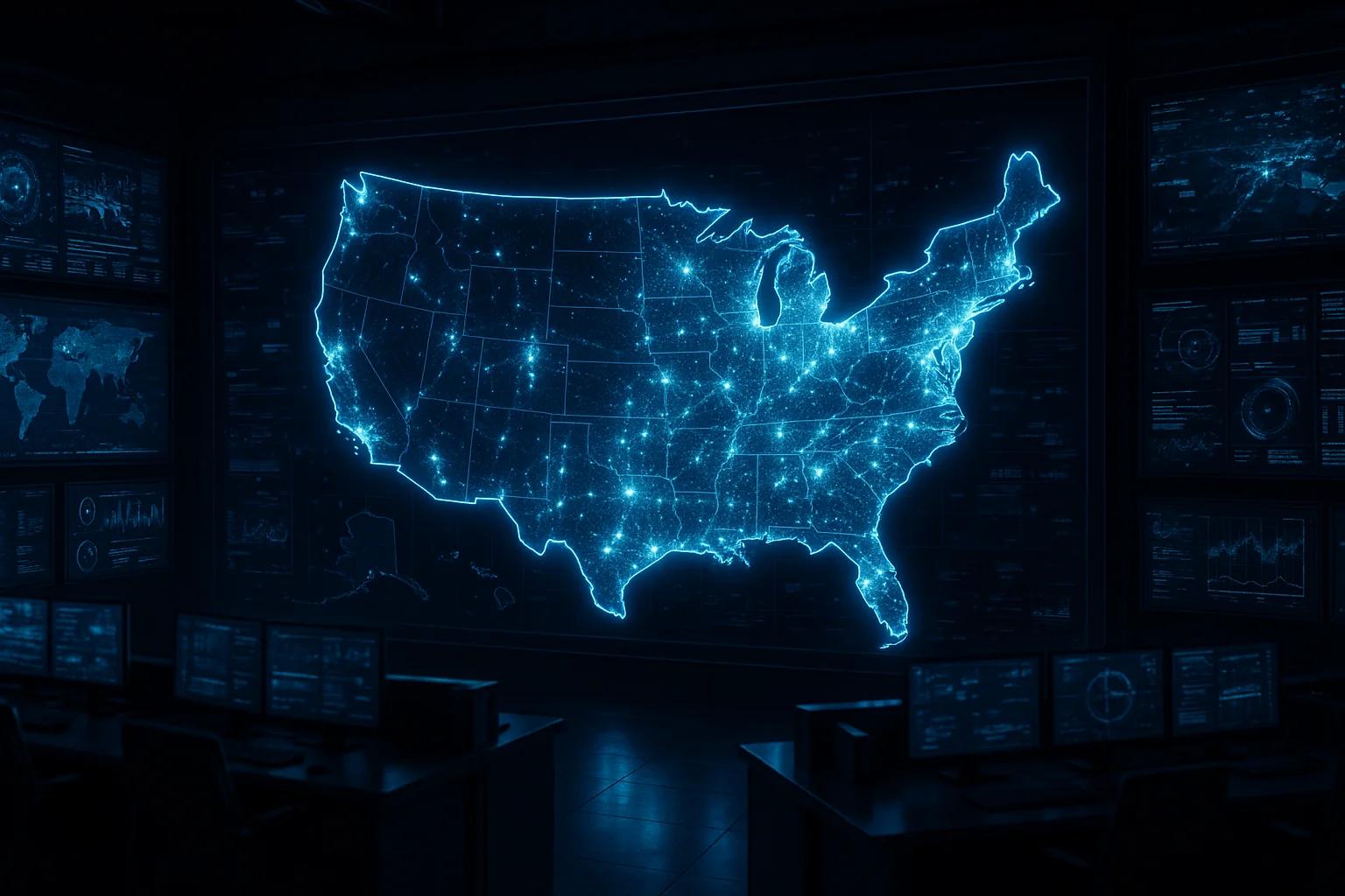 Glowing blue map of the United States with data