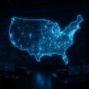 Glowing blue map of the United States with data
