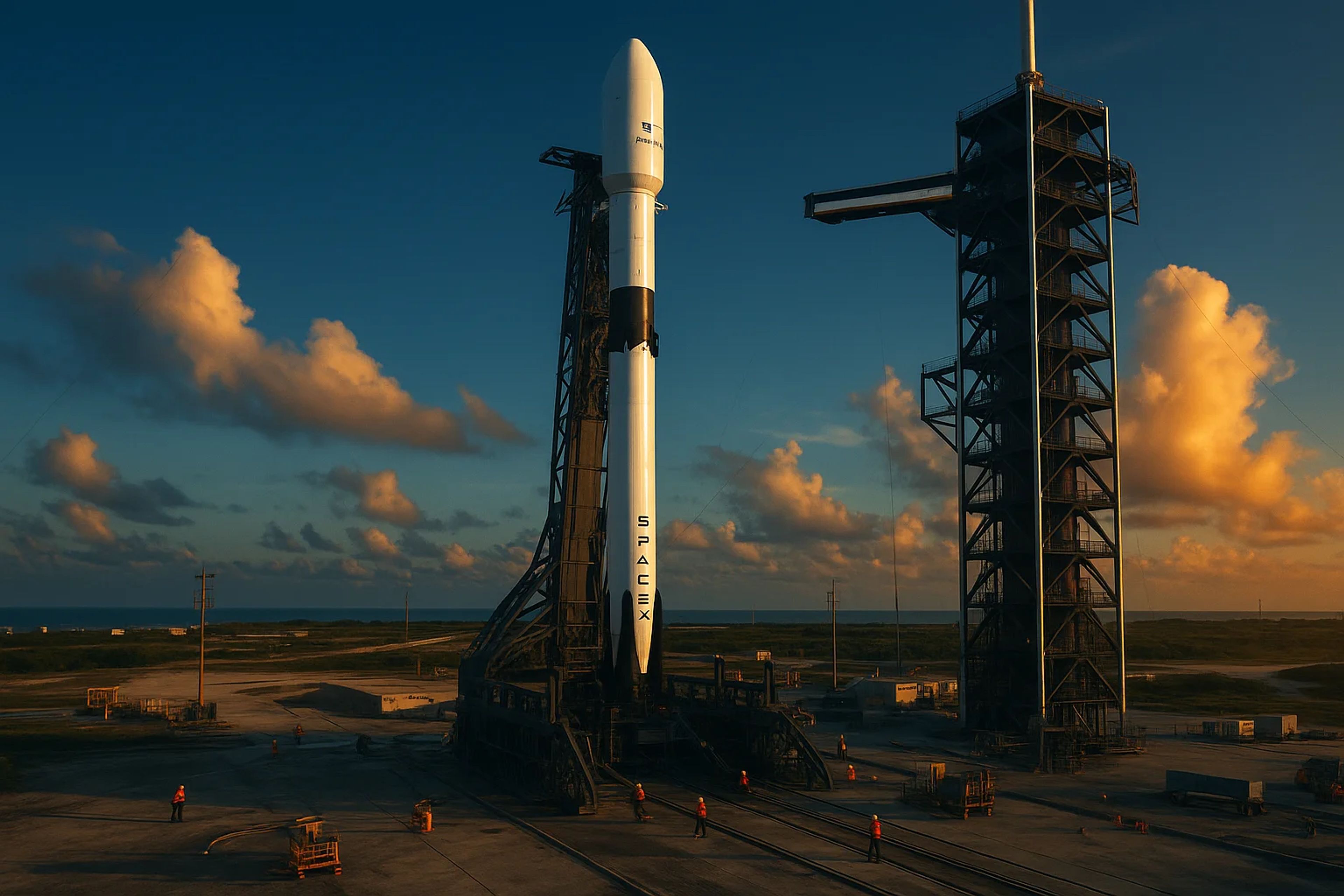 A rocket on a launch pad at sunset