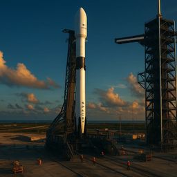 A rocket on a launch pad at sunset