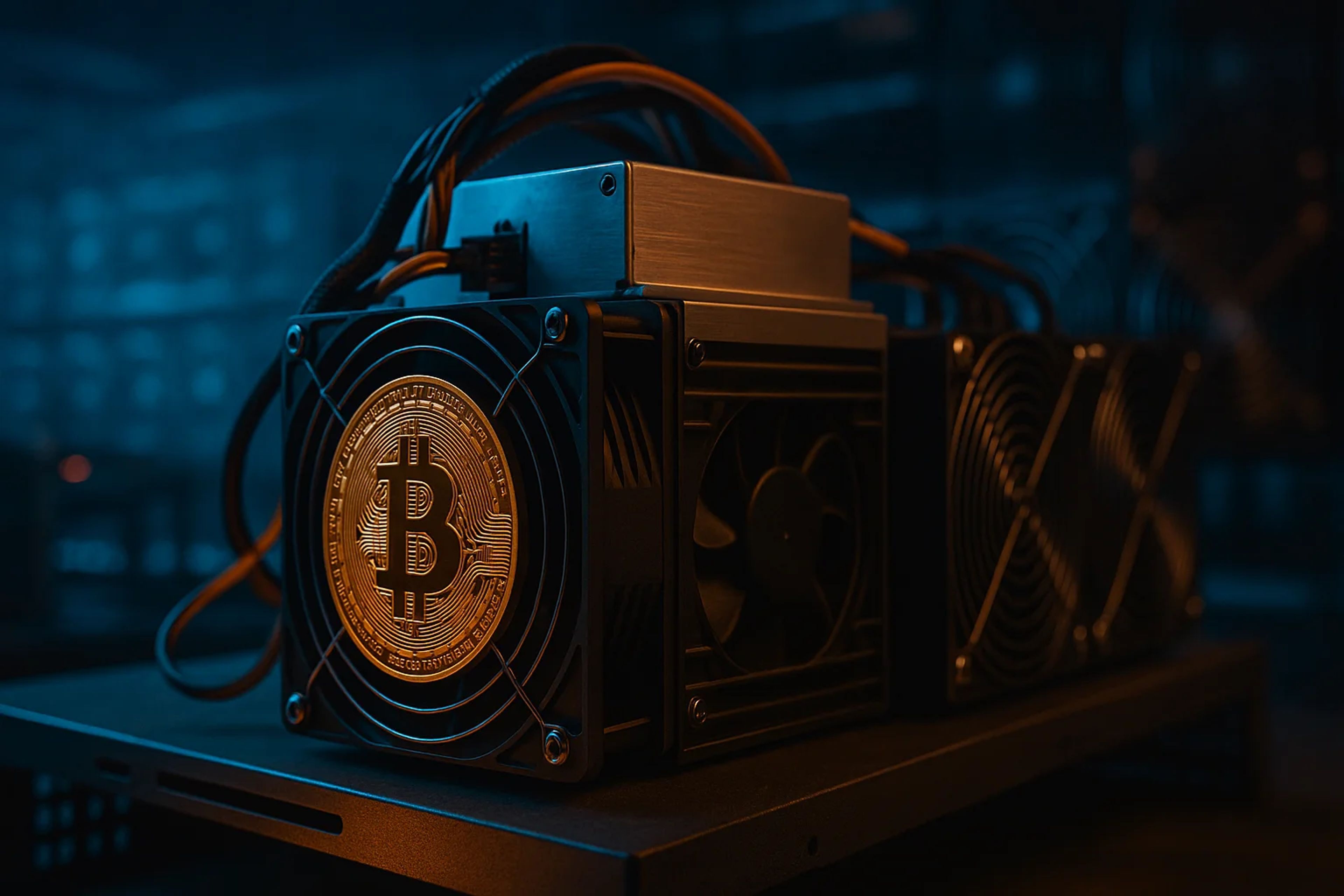 Bitcoin mining hardware with a glowing coin