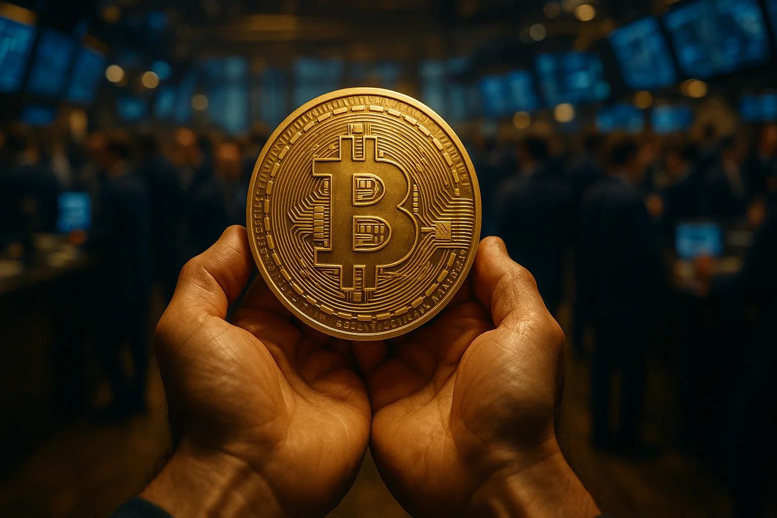 A person holding a large gold Bitcoin in front of