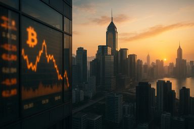 City skyline at sunset with skyscrapers and water