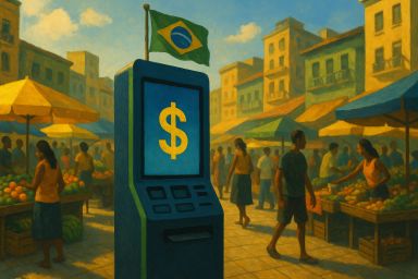 Market scene with a blue ATM and a Brazilian flag