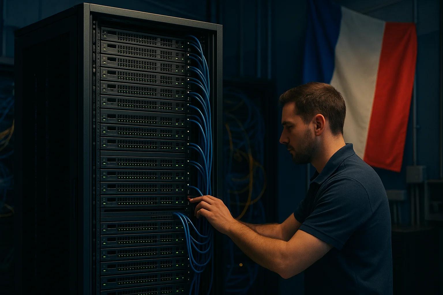 A man working on a server rack with blue cables
