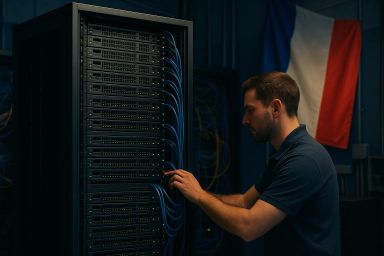 A man working on a server rack with blue cables