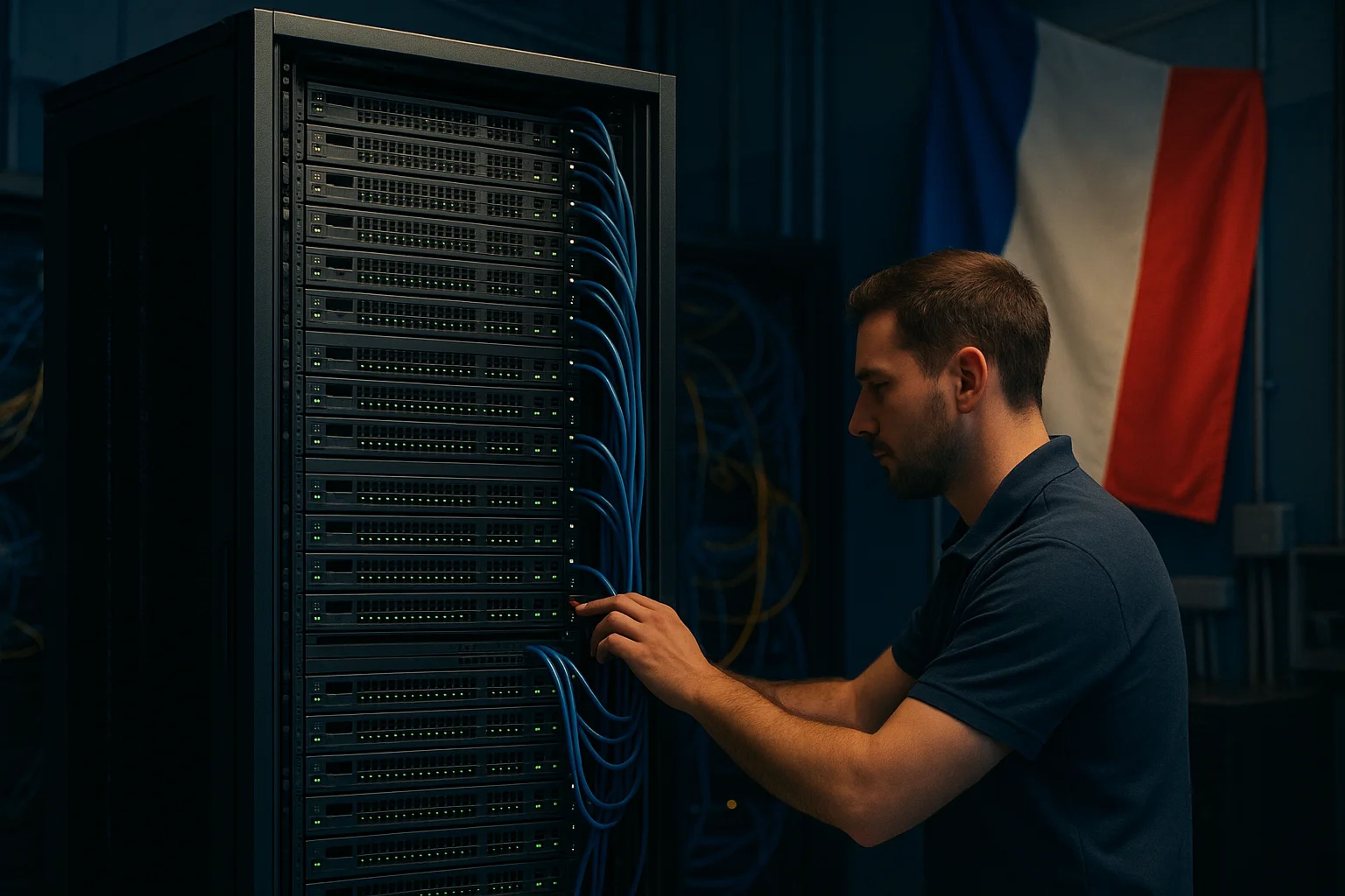 A man working on a server rack with blue cables
