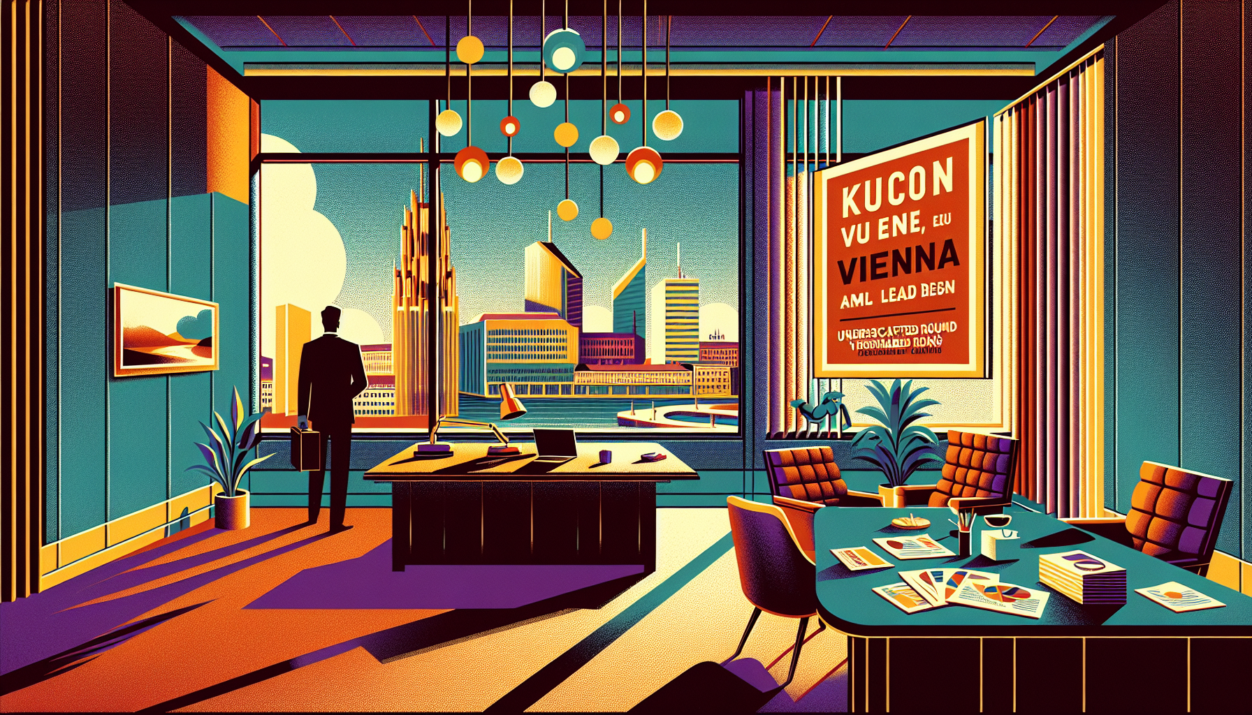 Stylized office interior with city view at sunset