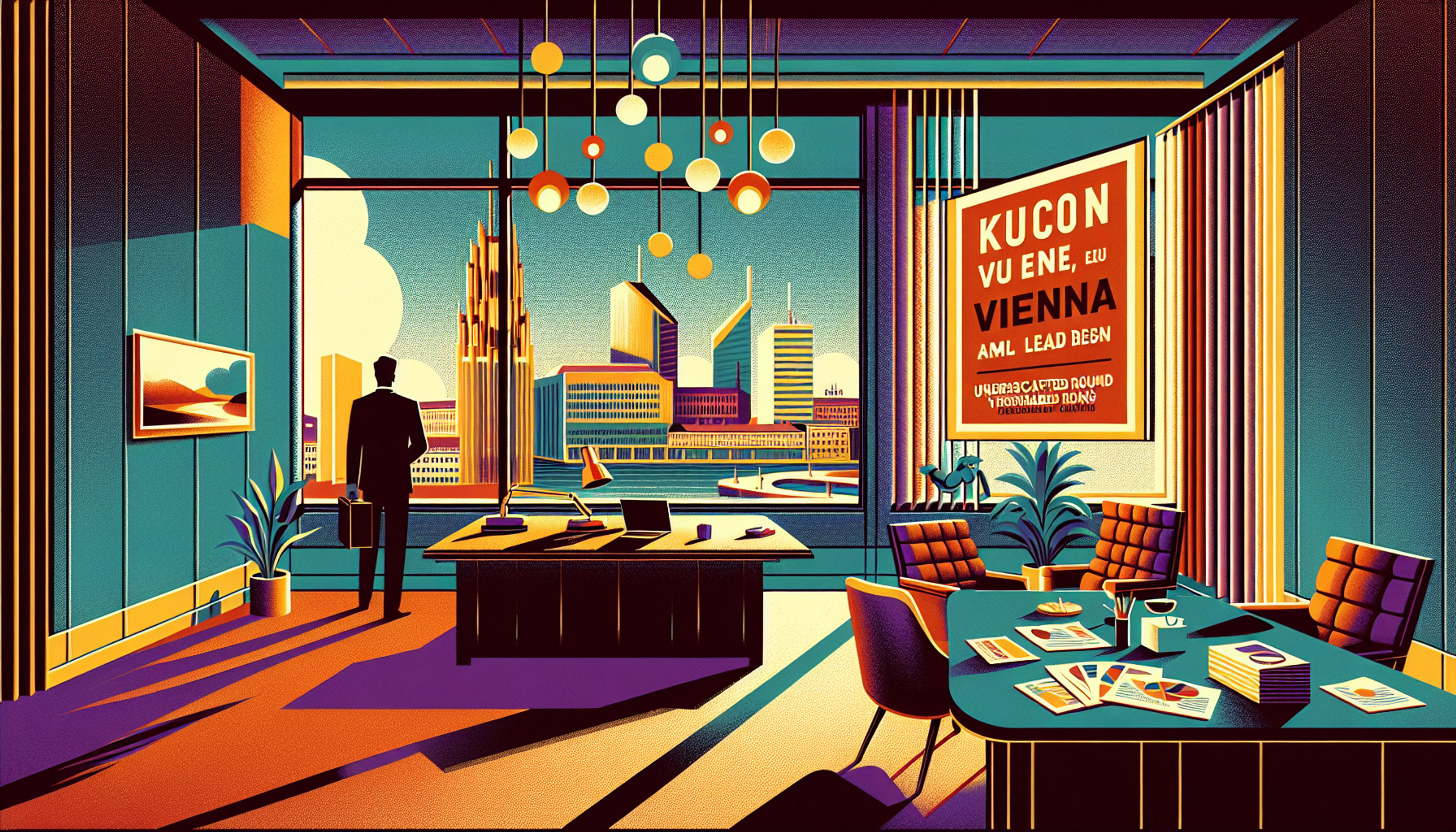 Stylized office interior with city view at sunset