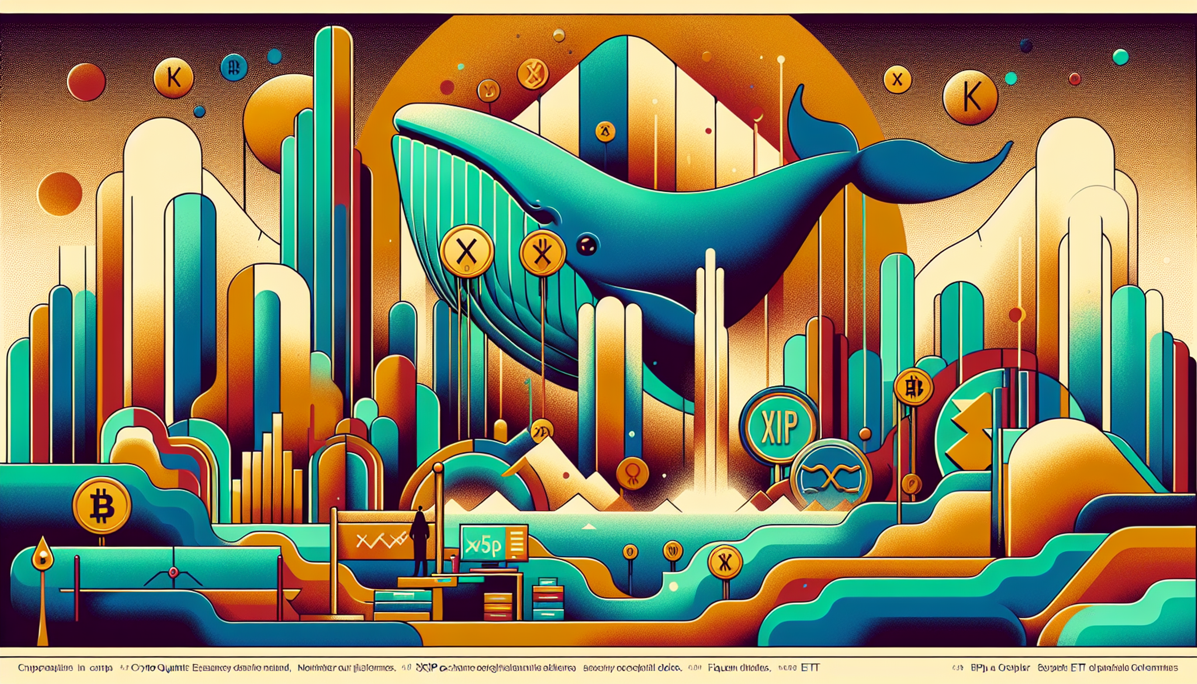 Colorful abstract scene featuring a large whale