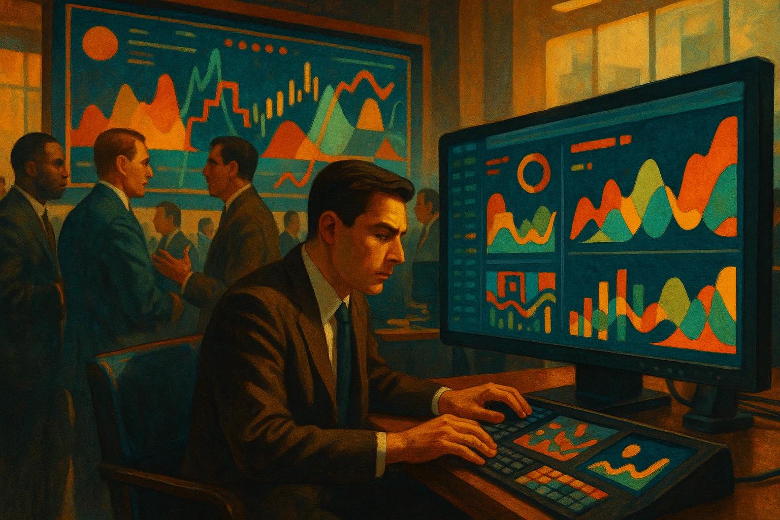 A man in a suit analyzes colorful graphs on a