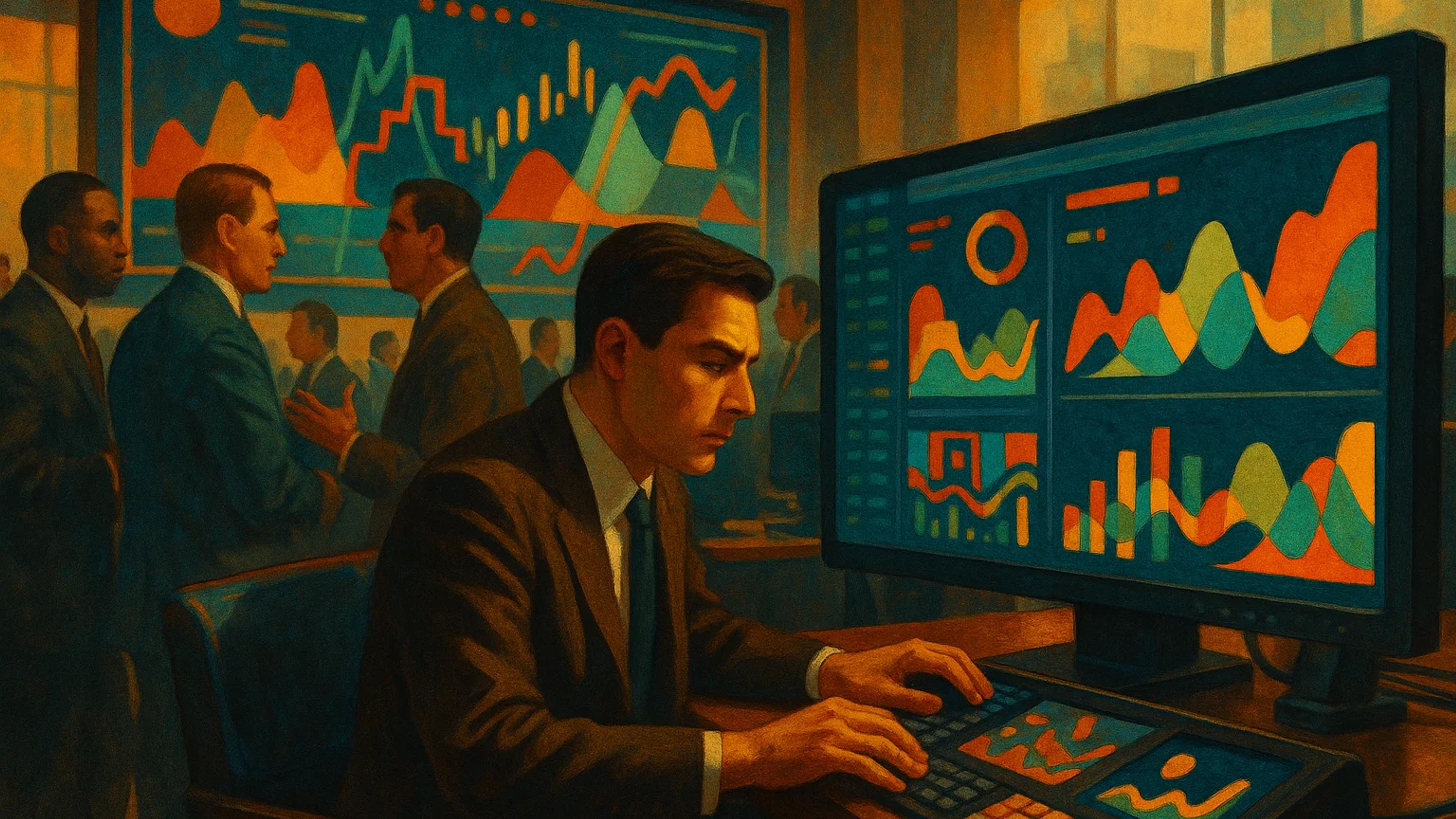 A man in a suit analyzes colorful graphs on a
