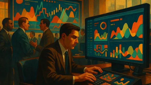A man in a suit analyzes colorful graphs on a