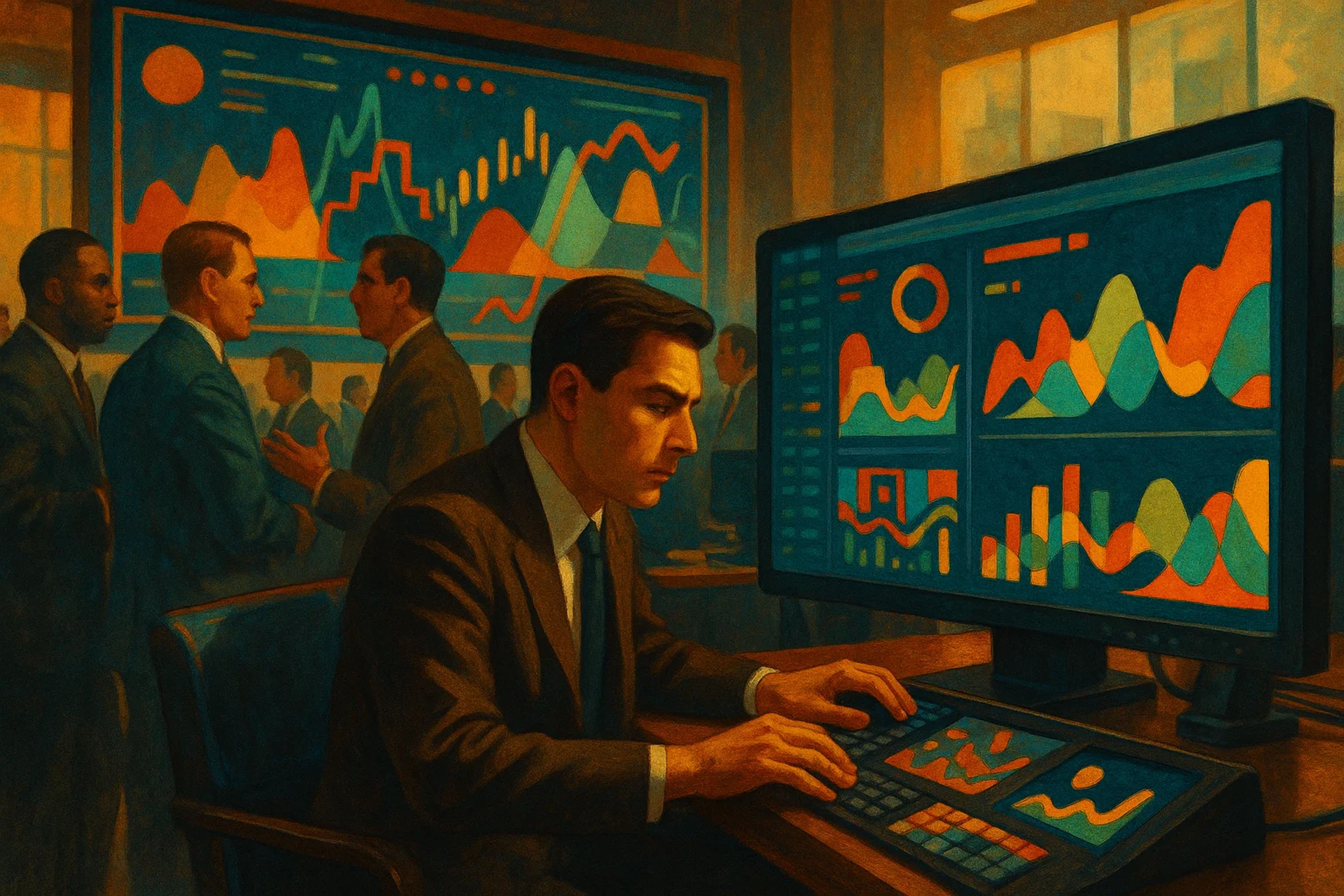 A man in a suit analyzes colorful graphs on a
