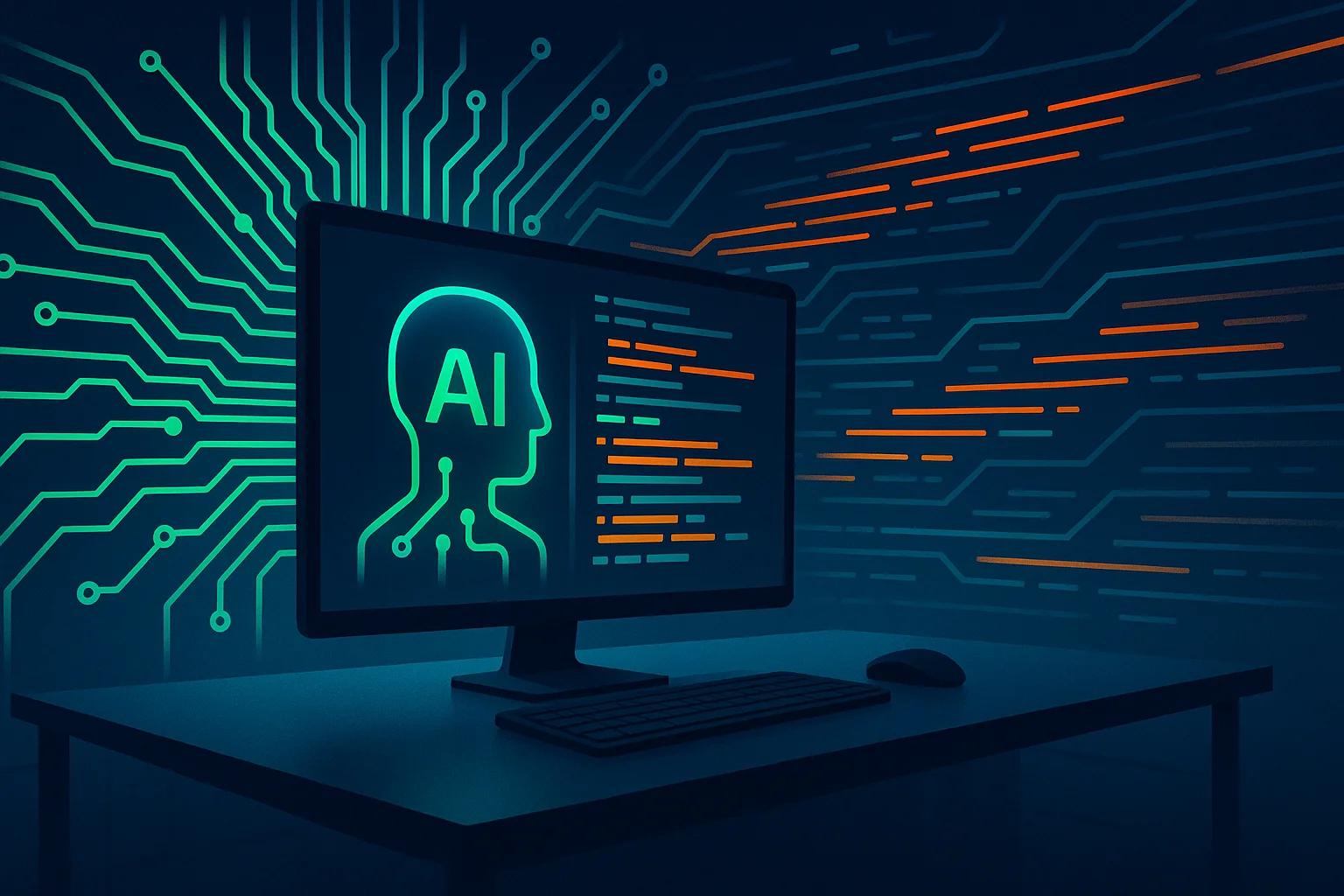 A computer monitor displaying a stylized AI head