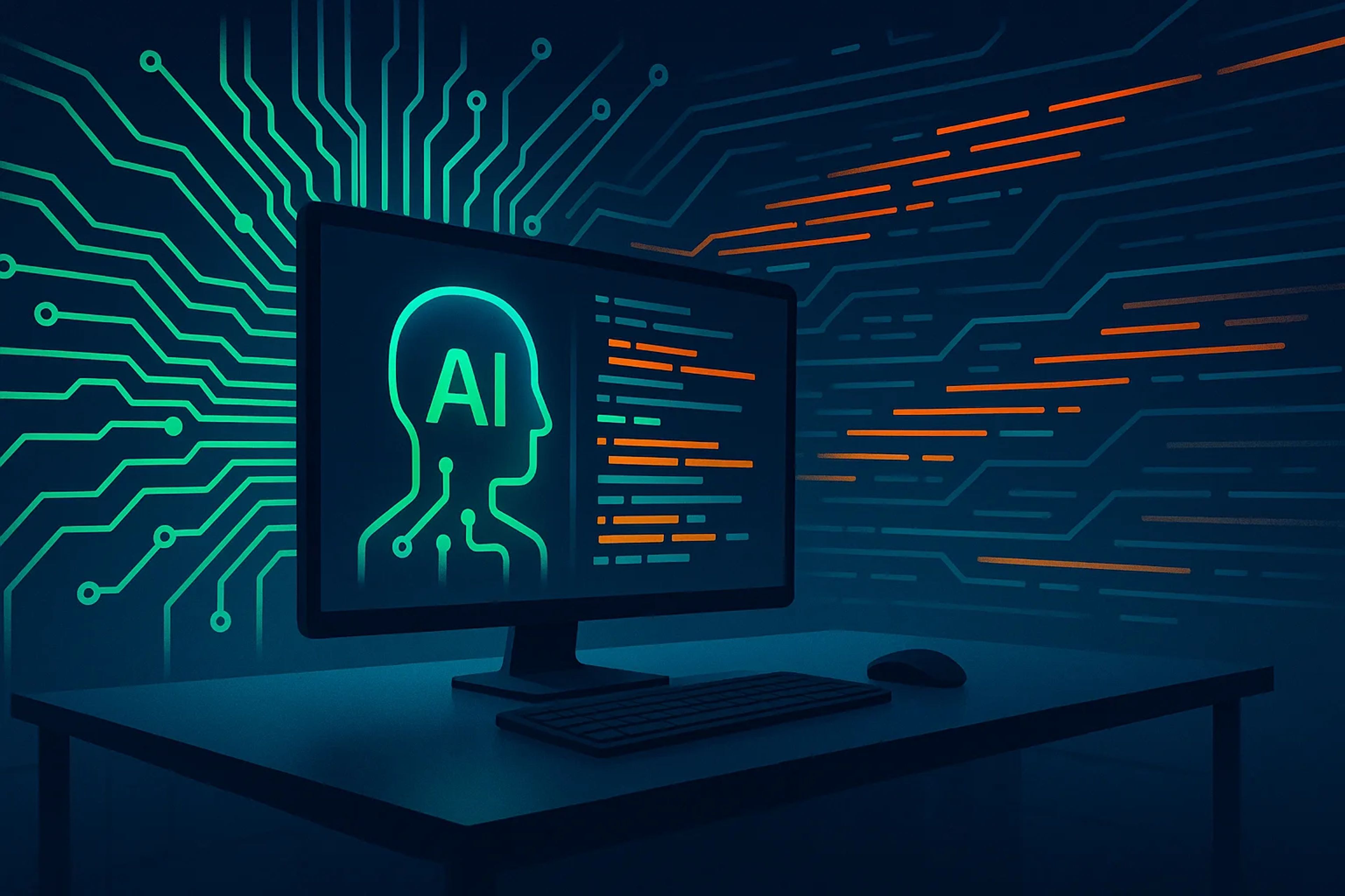 A computer monitor displaying a stylized AI head