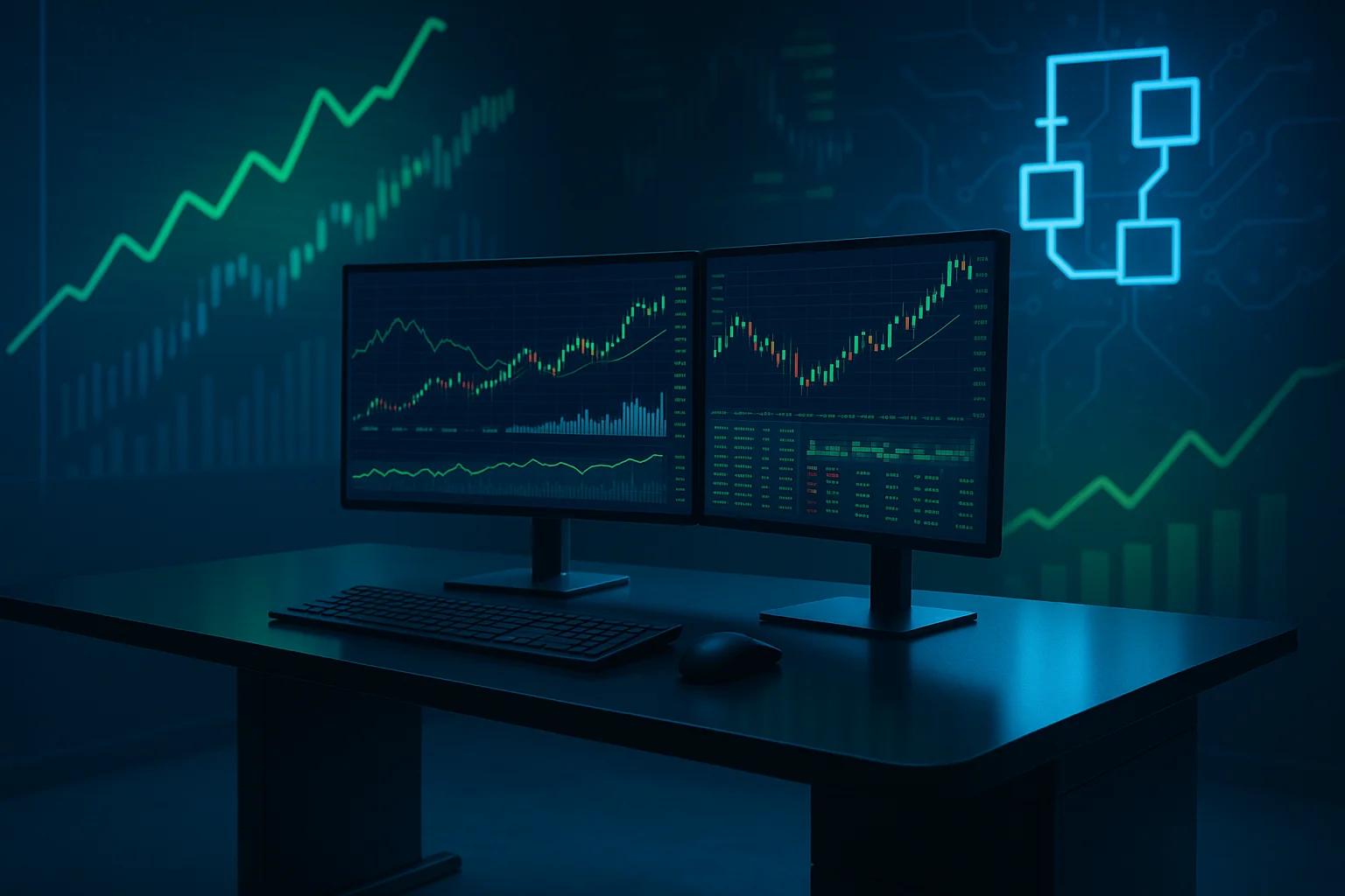 Two computer monitors displaying financial graphs
