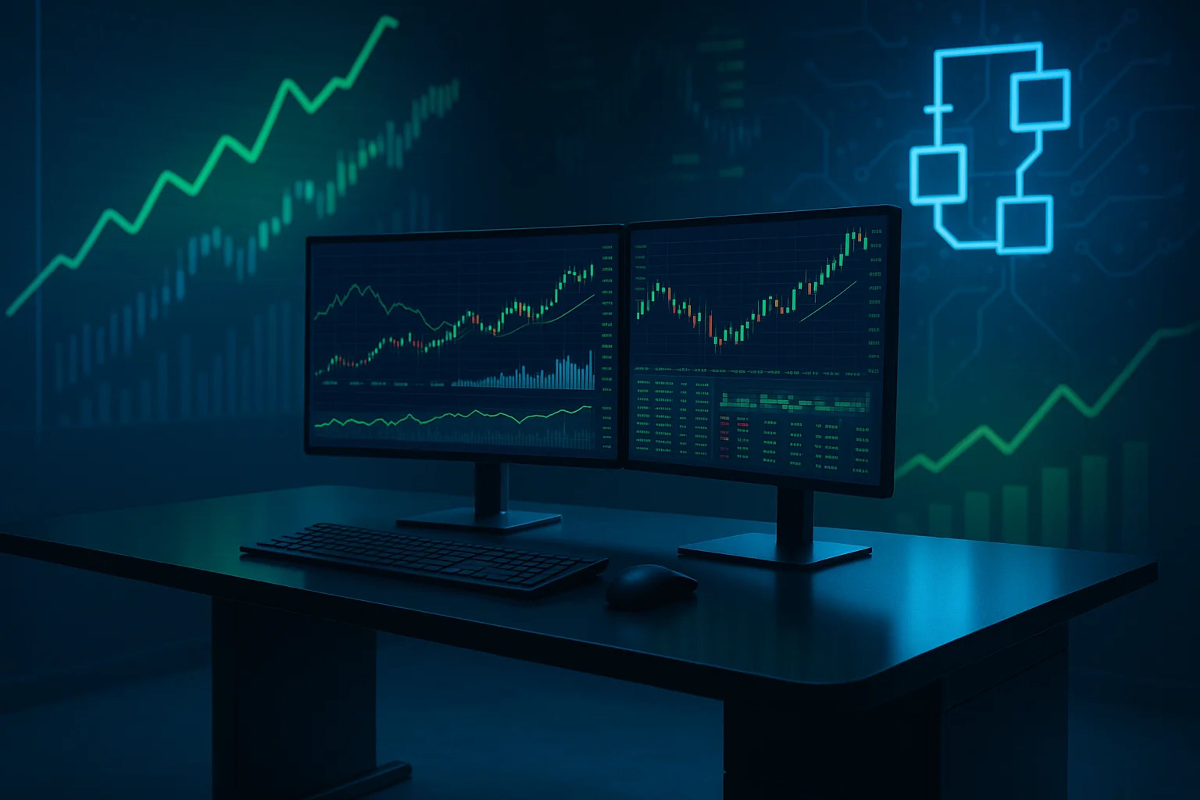 Two computer monitors displaying financial graphs