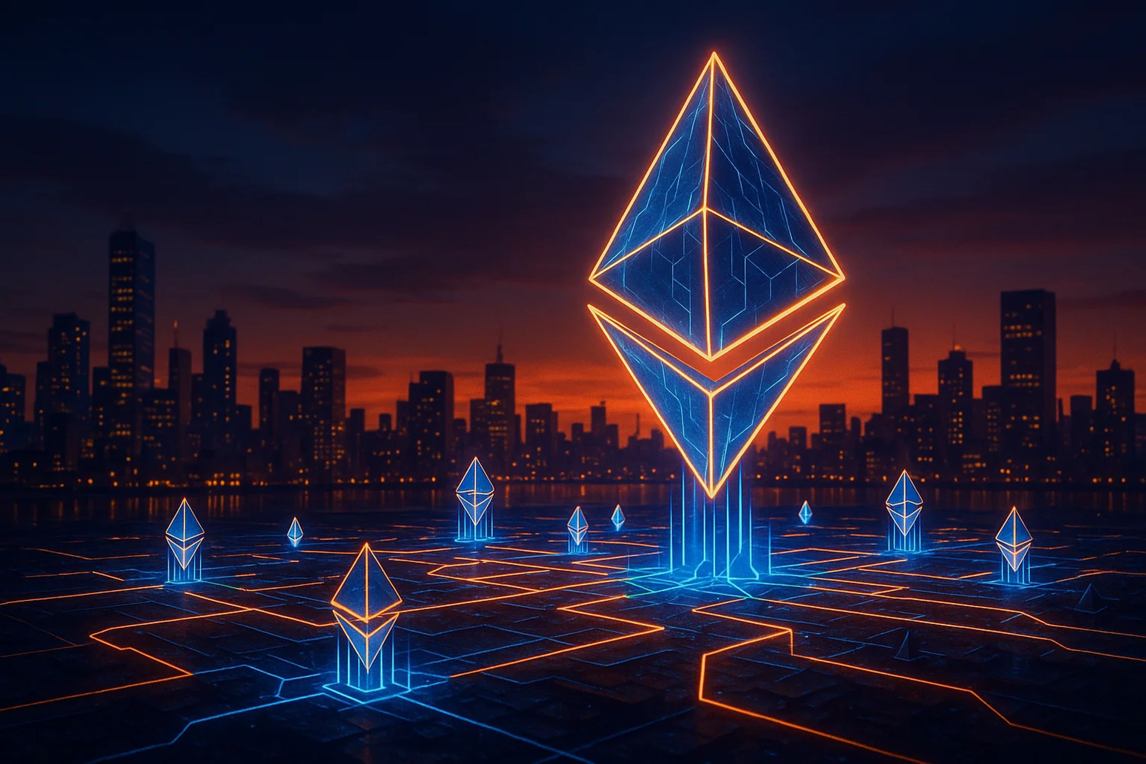 Neon Ethereum symbols against a city skyline at