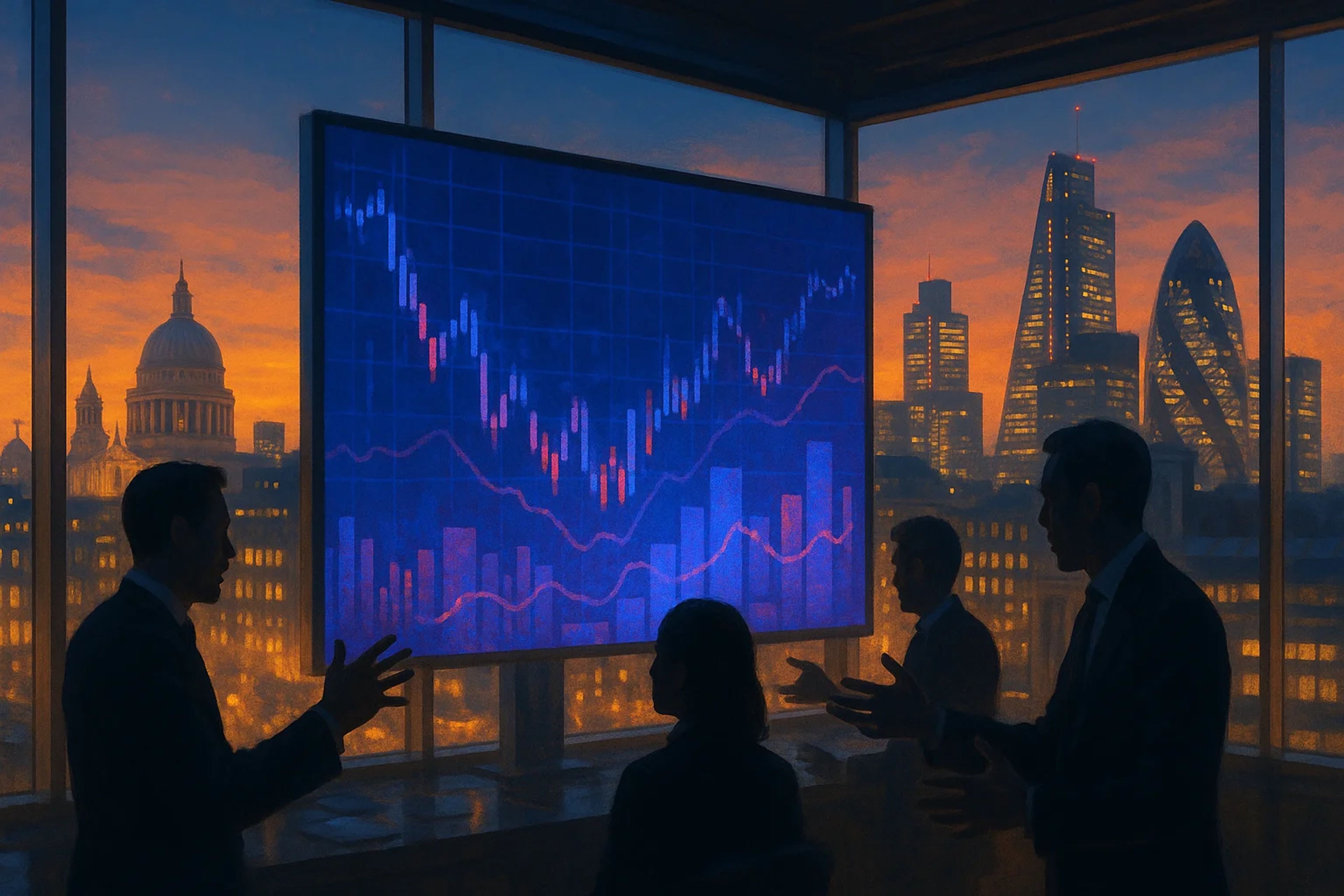 Silhouettes of people in a meeting room with a