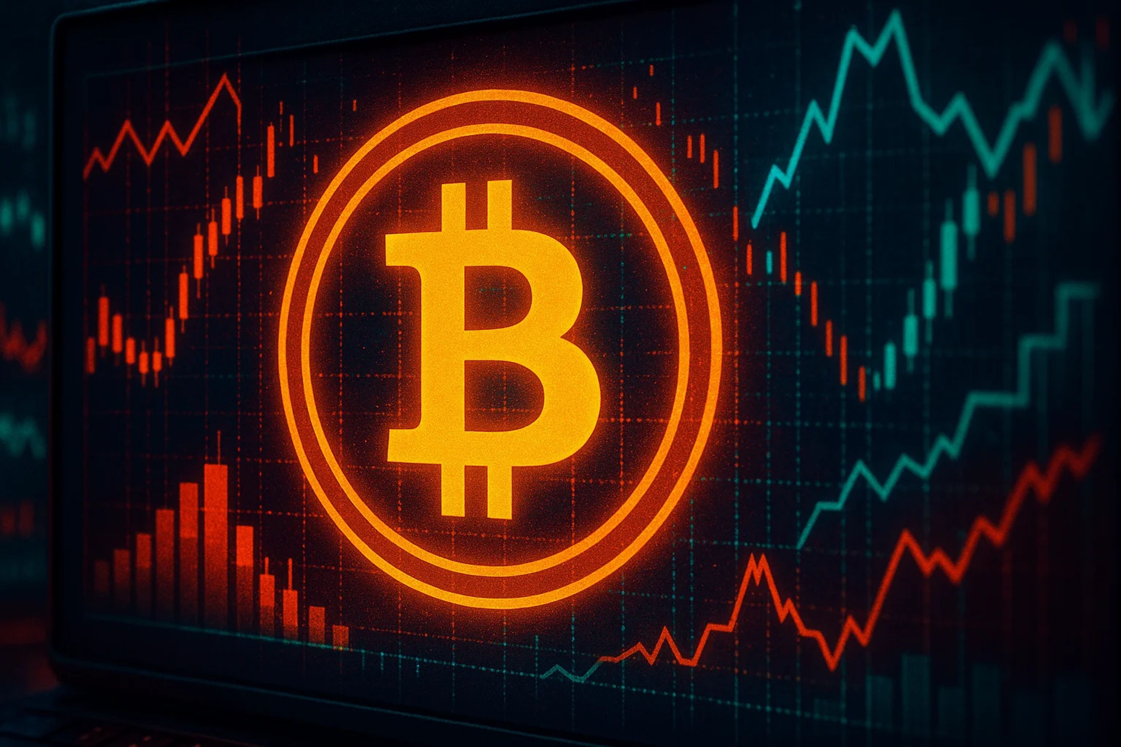 Glowing Bitcoin symbol over a dark trading graph