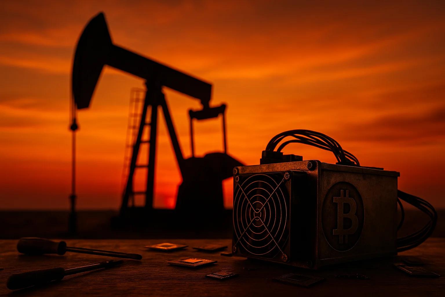 Silhouette of an oil pump jack against a sunset