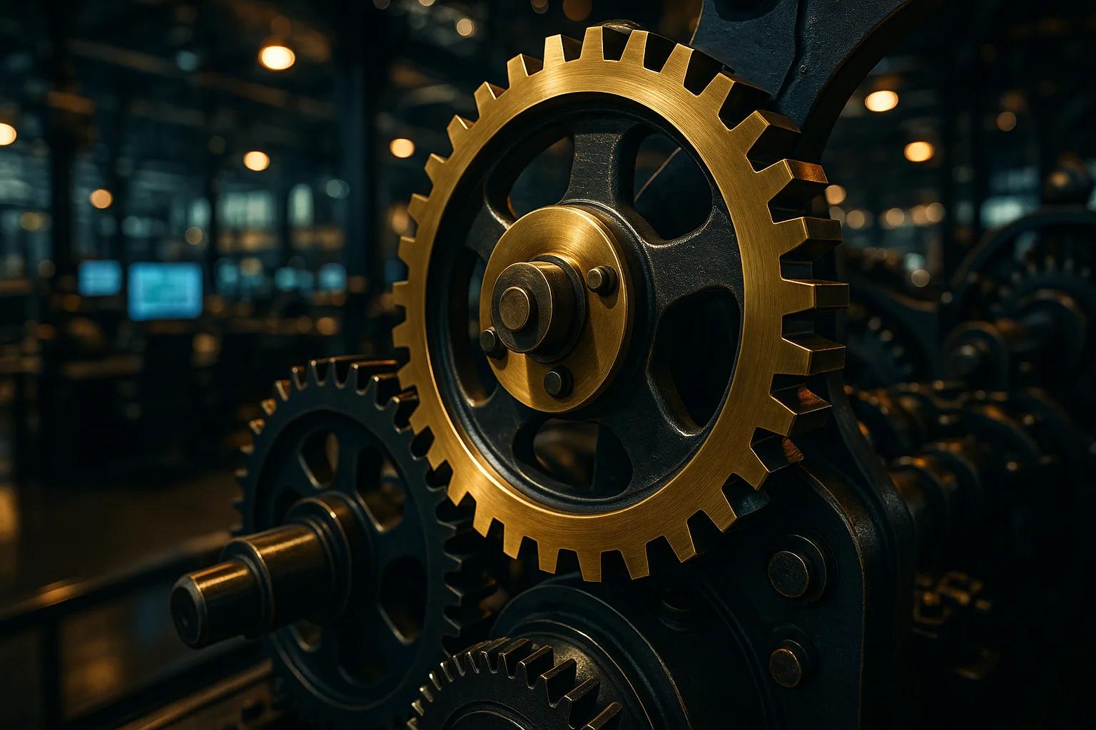 Close-up of a large brass gear in a dimly lit