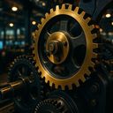 Close-up of a large brass gear in a dimly lit
