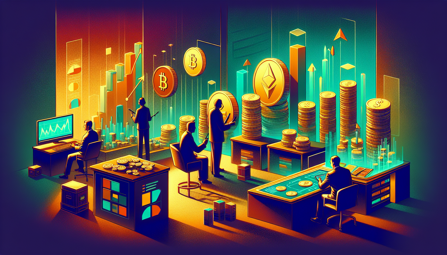 A stylized digital scene of a trading room with