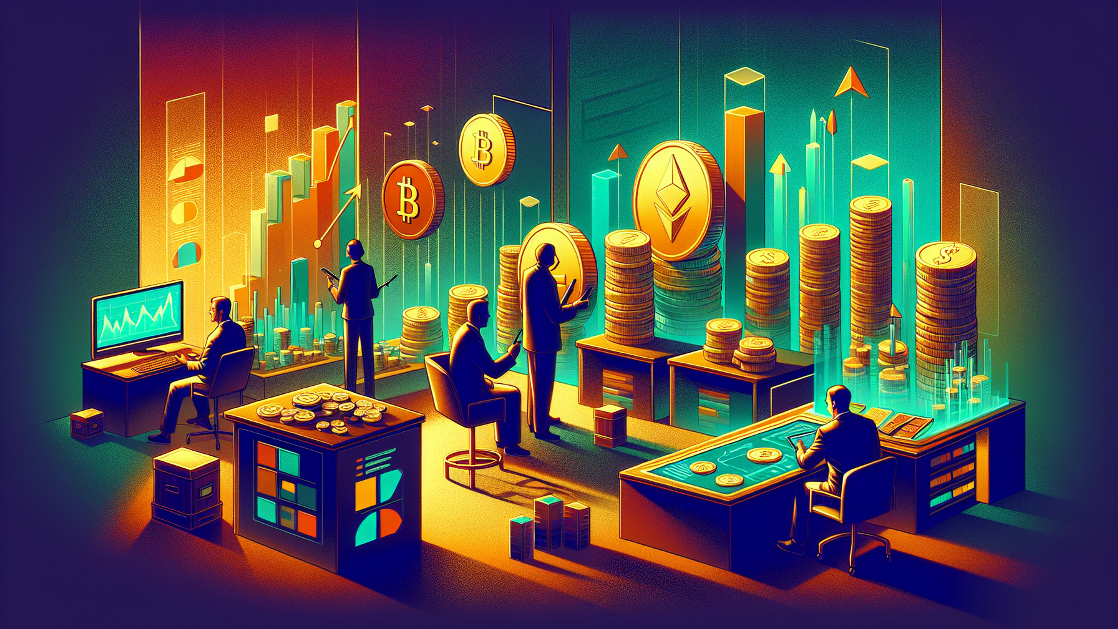 A stylized digital scene of a trading room with