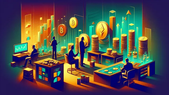 A stylized digital scene of a trading room with