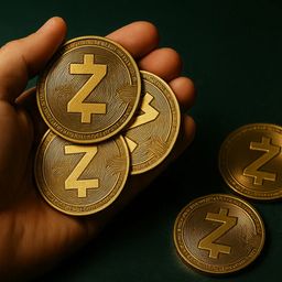 A hand holding several gold coins with a symbol