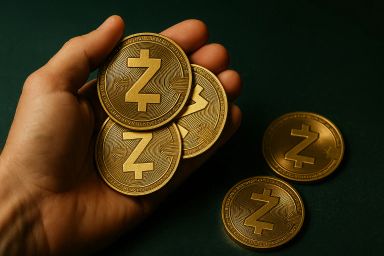 A hand holding several gold coins with a symbol