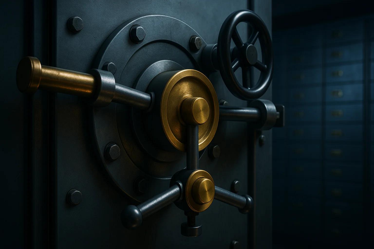 Close-up of a large, metallic safe door with a