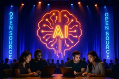 Four people working on laptops in a dimly lit