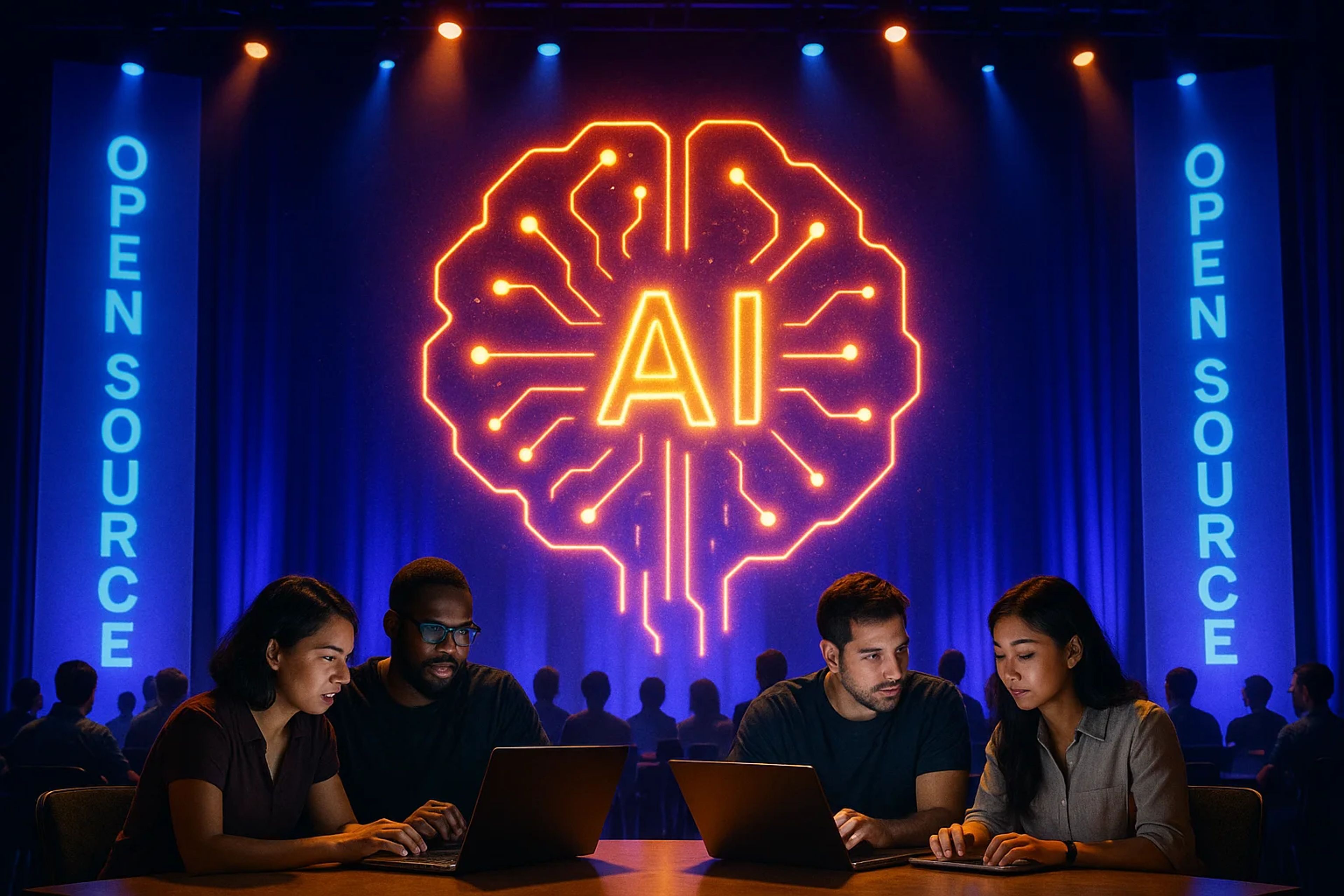Four people working on laptops in a dimly lit