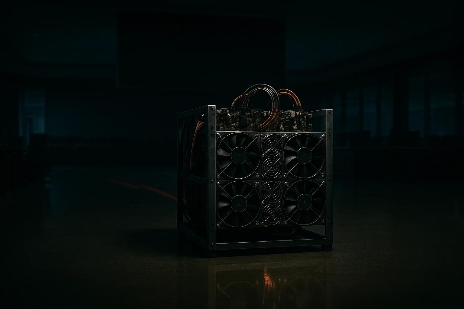 A dark room featuring a mining rig with multiple