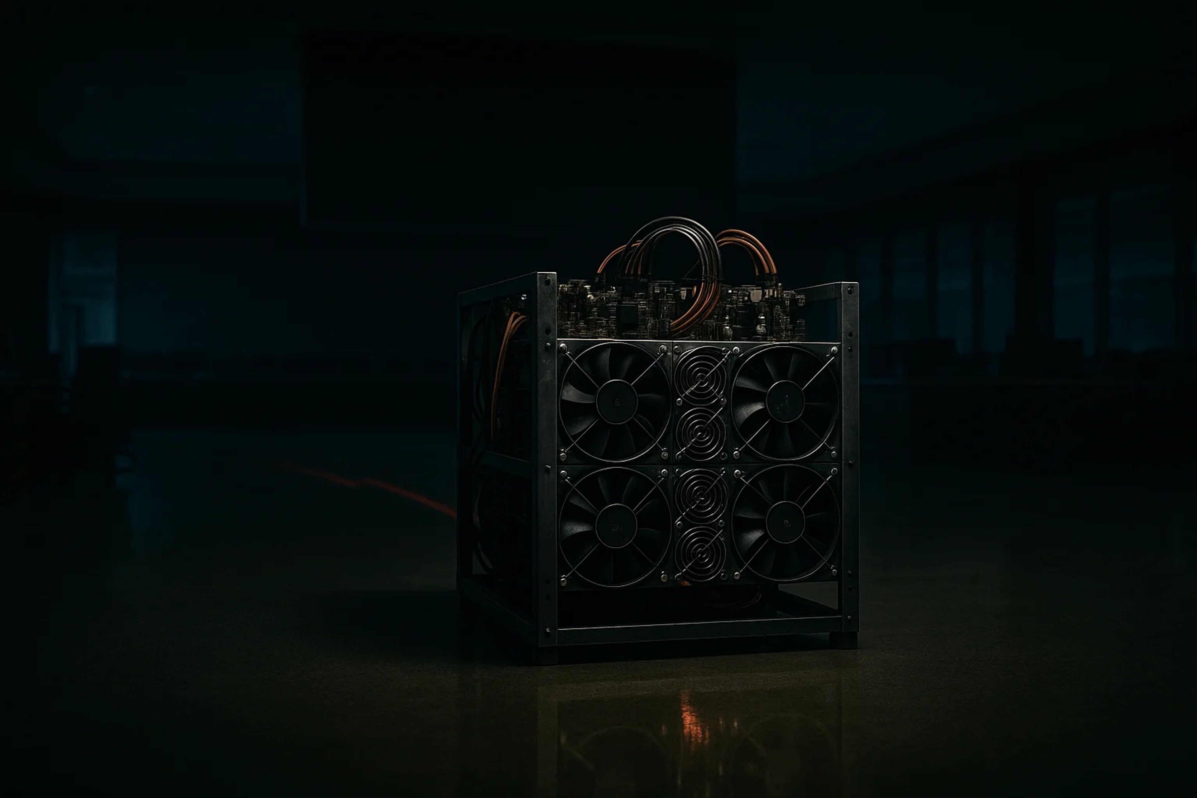 A dark room featuring a mining rig with multiple