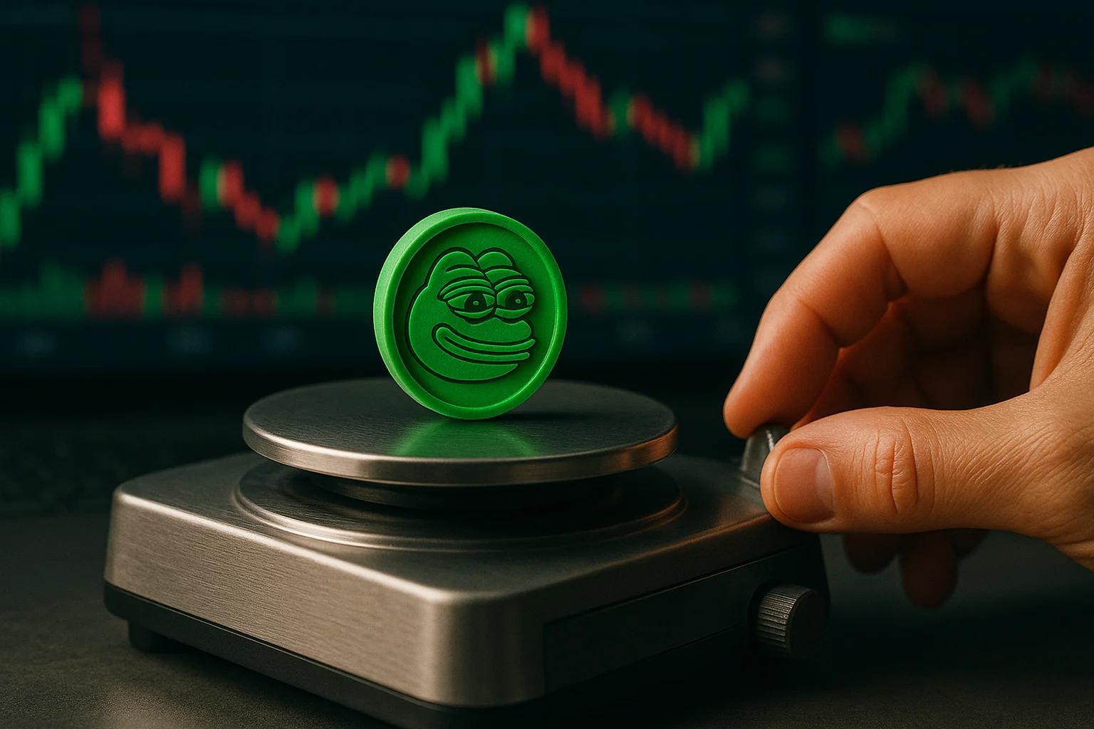 A green coin with a cartoon frog face on a scale
