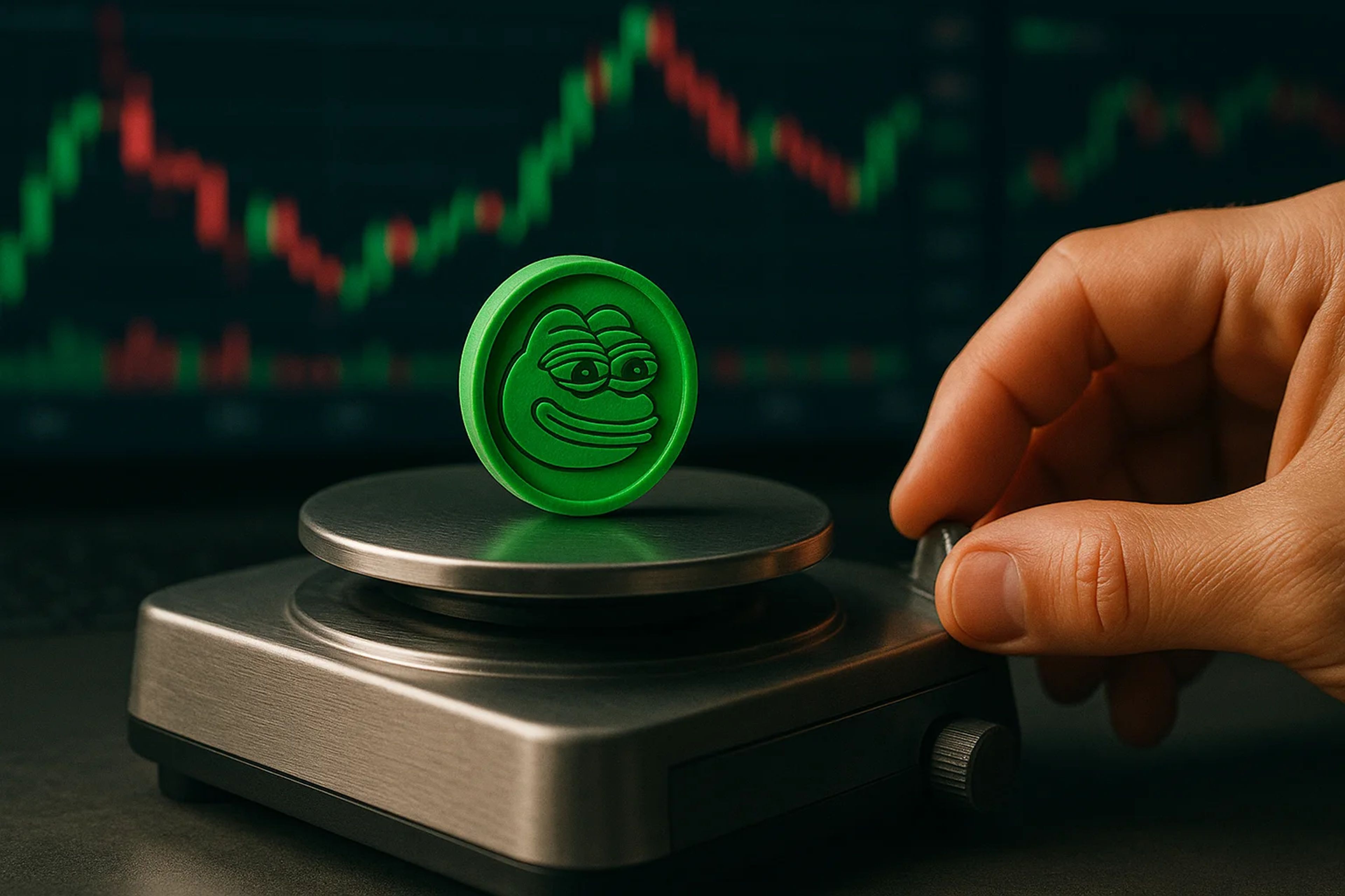 A green coin with a cartoon frog face on a scale