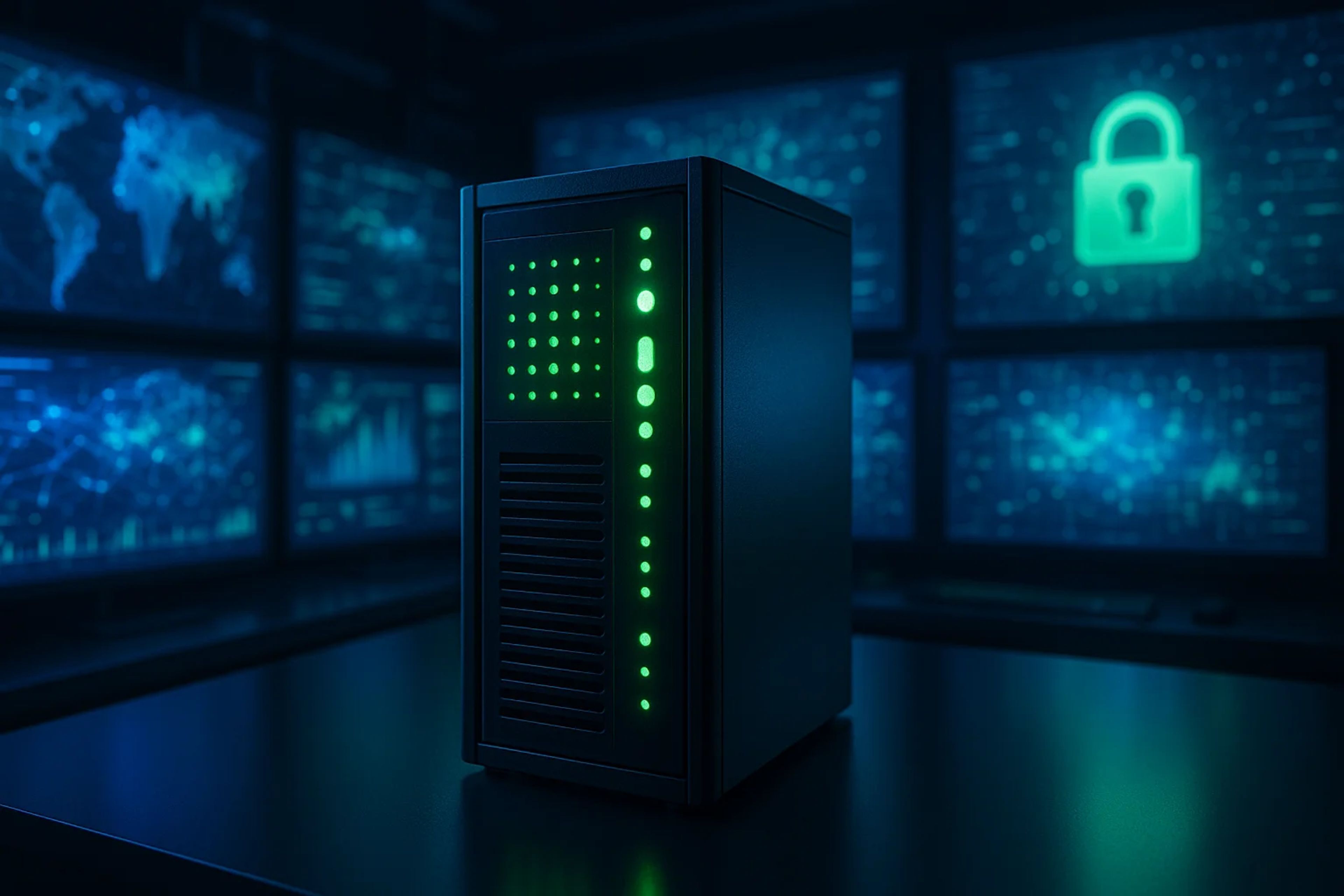 A dark room with a glowing green server and