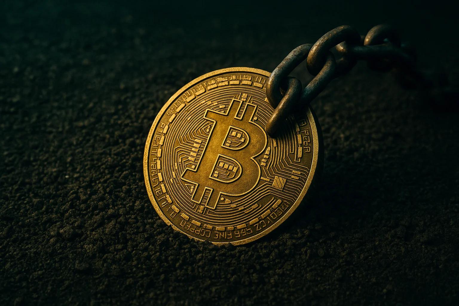 A gold Bitcoin coin attached to a chain on a dark