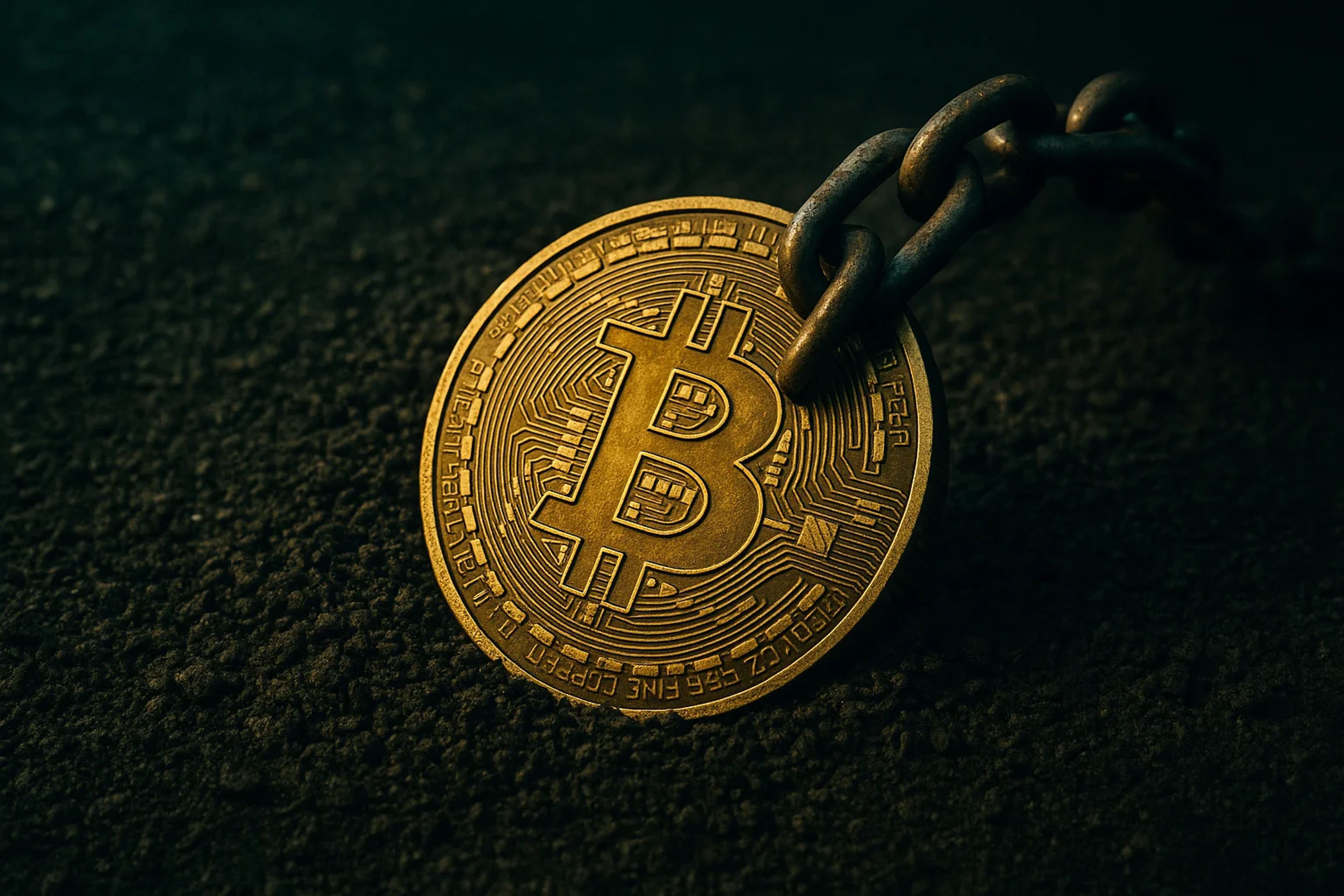 A gold Bitcoin coin attached to a chain on a dark