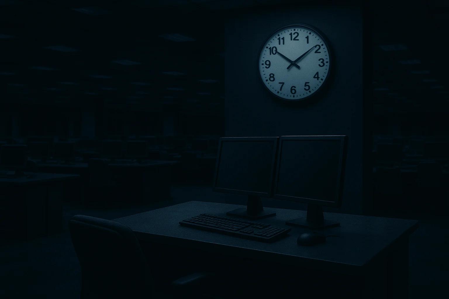 Dimly lit office with two monitors and a clock