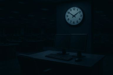 Dimly lit office with two monitors and a clock