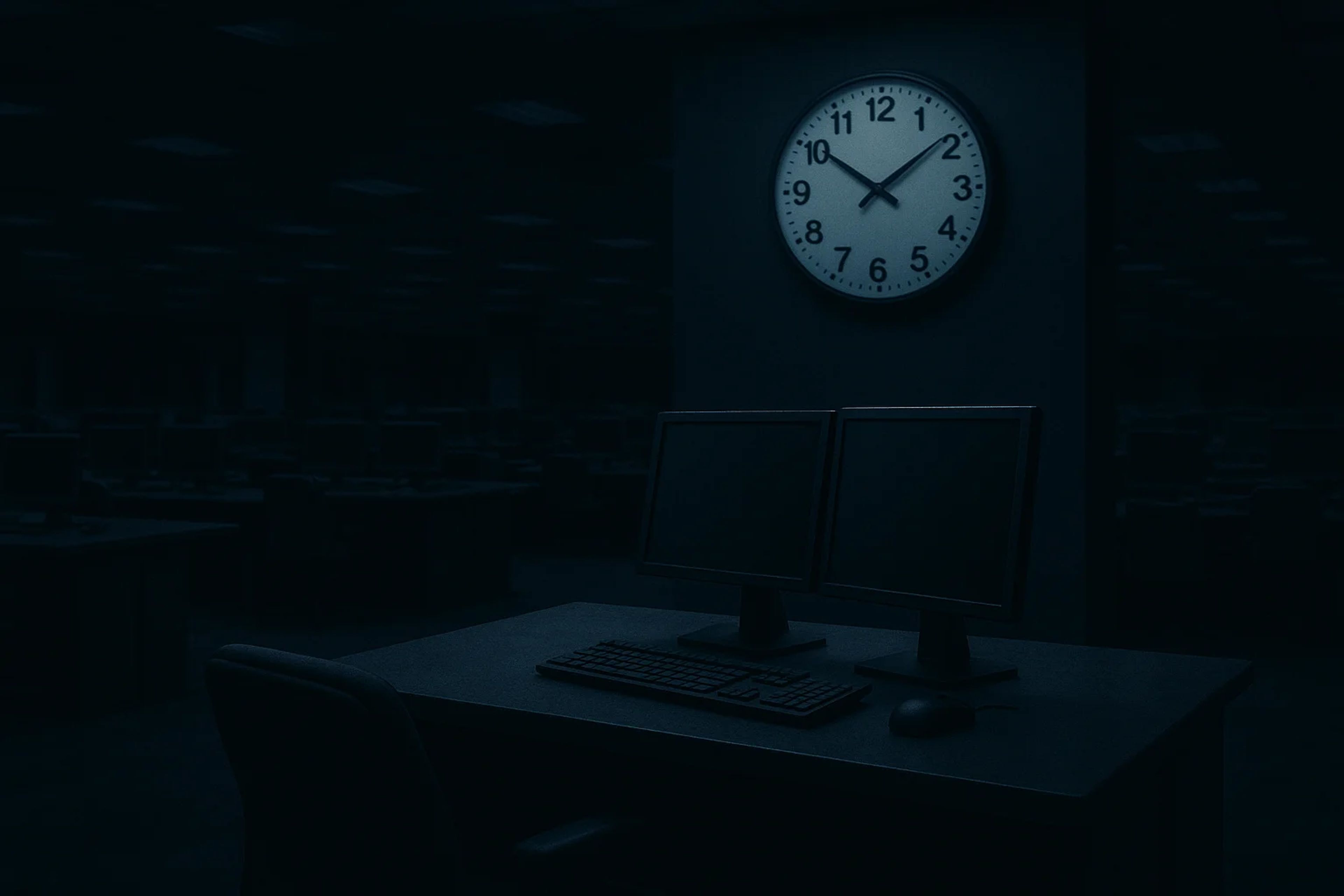 Dimly lit office with two monitors and a clock