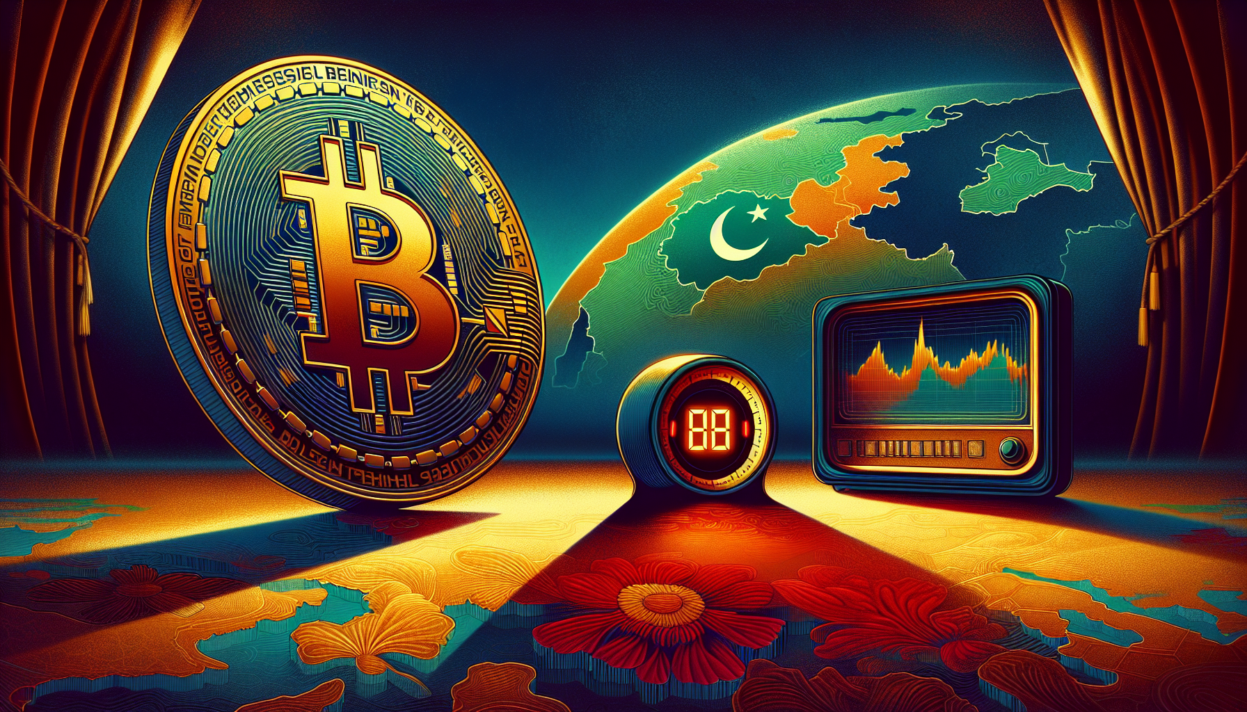 A golden Bitcoin symbol with a digital clock and