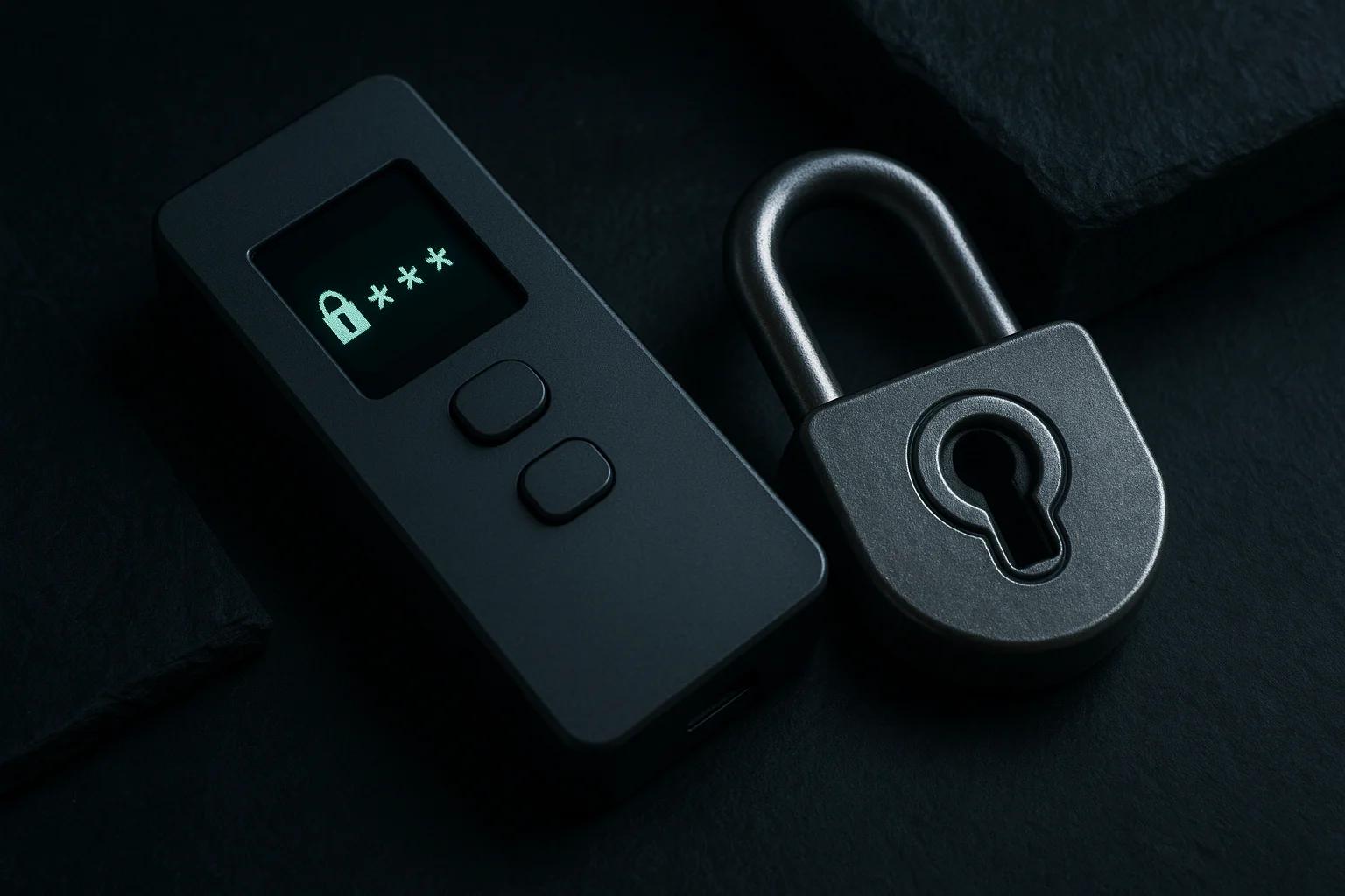 A digital lock device next to a metallic padlock