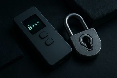 A digital lock device next to a metallic padlock