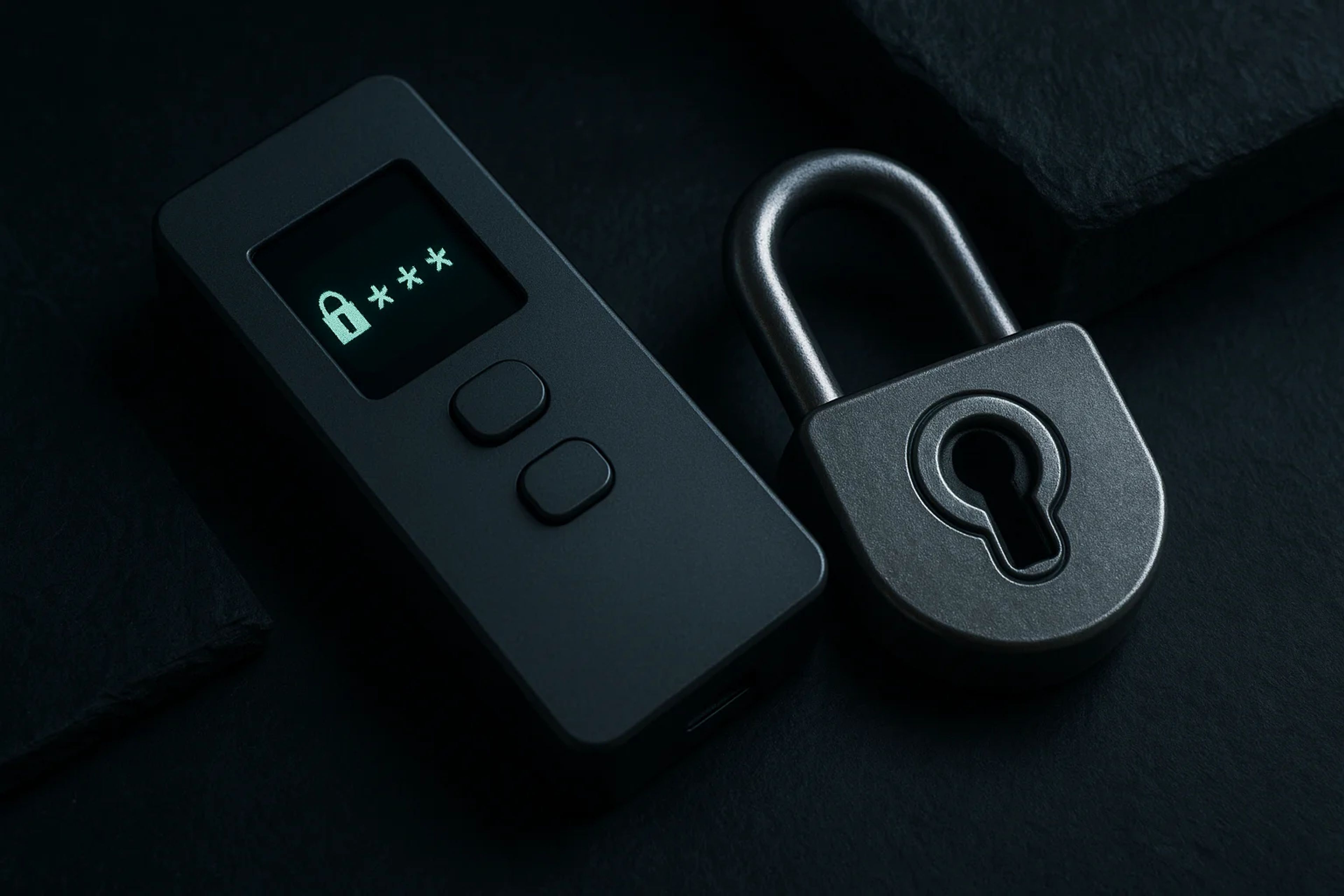 A digital lock device next to a metallic padlock